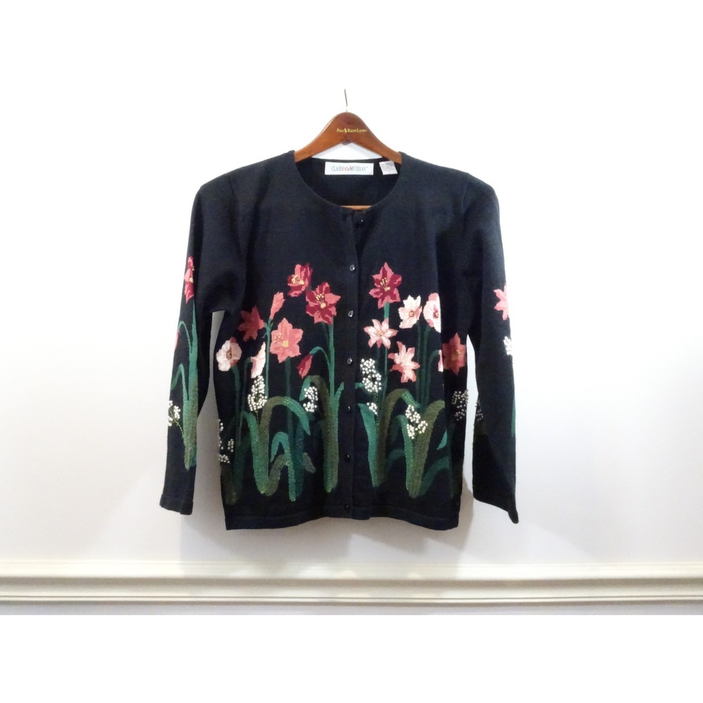 Claire Murray Floral Embroidered Cardigan Black Ramie Cotton Knit Sweater Large